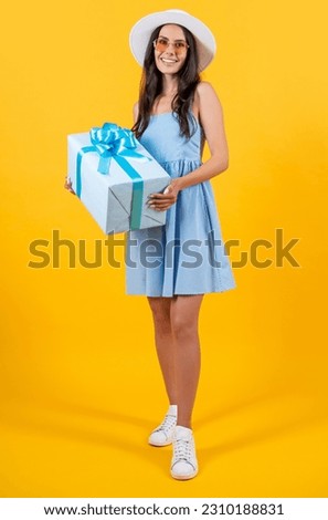 happy birthday woman hold present on background. photo of birthday woman hold present
