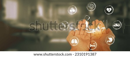 Patient Centered or Person-Centered Approach: Hands with Doctor and Patient Talking Surrounded by Medical and Healthcare Icons. Collaborative Care with Healthcare Professionals. Royalty-Free Stock Photo #2310191387