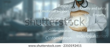 Patient-Centered Care: A Doctors Hands with Patient Talking to His Physician Surrounded by Words Related to Person-centered Care. Collaborative Medical Practice with Healthcare Professionals. Royalty-Free Stock Photo #2310192411