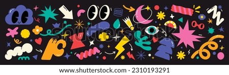 et of abstract retro geometric shapes vector. Collection of contemporary figure, sparkle, arrow, flower in 70s groovy style. Bauhaus Memphis design element perfect for banner, print, stickers, decor. Royalty-Free Stock Photo #2310193291