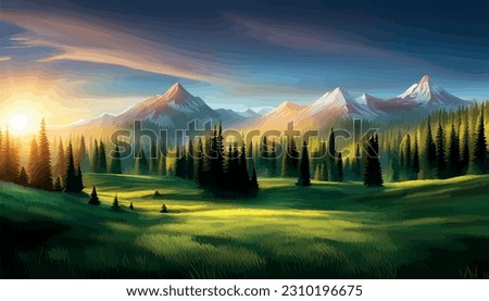 landscape of mountains and green hills. Summer nature landscape with rocks, forest, grass, sun, sky and clouds. National park or reserve. Vector illustration in flat style Royalty-Free Stock Photo #2310196675