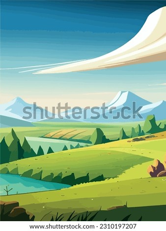view of a green meadow on the hills with blue sky, vector cartoon spring or summer landscape, panoramic rural mountain landscape with fields of wild flowers, vertical format