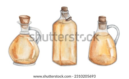 Watercolor illustration. Hand painted yellow virgin olive oil in glass jugs, square bottle with handle and brown cork. Sunflower oil. Orange juice in transparent pitcher. Isolated clip art for banners