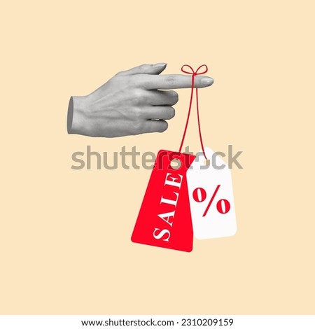 Contemporary art collage with hand holding sale price tags. Black Friday, big sales, buying products. Concept of shopping. Modern design. Copy space for ad. Royalty-Free Stock Photo #2310209159