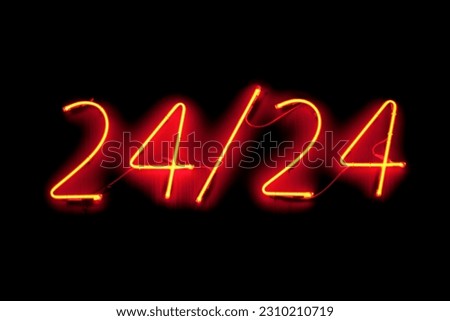 Red neon light inside a restaurant stating: "24-24".