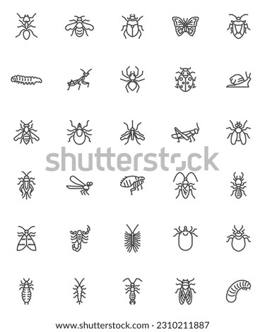 Insects animals line icons set. linear style symbols collection, outline signs pack. Insects vector graphics. Set includes icons as ant, beetle, bug, spider, caterpillar, butterfly, mosquito, larvae