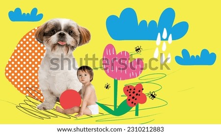 Contemporary art collage. Calm cute little boy, toddler in diaper sitting near flower with small dog over yellow background. Friends. Concept of childhood, emotions, happiness, pets, domestic animals