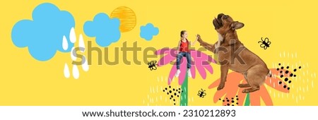 Creative contemporary art collage. High five. Little girl, child sitting on flower, playing with cute dog on summer drawn background. Concept of childhood, emotions, happiness, pets, domestic animals