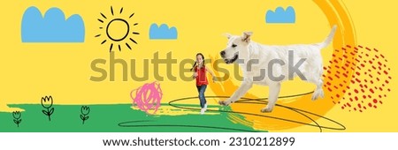 Creative contemporary art collage. Cheerful little girl playing outside with cute dog, running. Summertime drawn background. Concept of childhood, emotions, happiness, pets, domestic animals