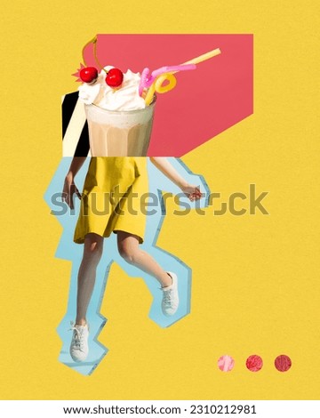 Contemporary art collage. Creative design. Summer mix. Girl in cute yellow dress with delicious milkshake instead head. Concept of surrealism, imagination, creativity, modern artwork, abstract
