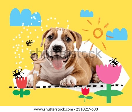 Creative contemporary art collage. Toddler boy in diaper standing near cute dog over drawn summer background. Pet friend. Concept of childhood, emotions, happiness, pets, domestic animals