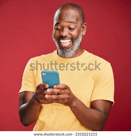 Studio, black man and smile for phone communication, social media or online announcement. Mobile, mockup and person happy ux with app, reading website or typing post on internet or search on web Royalty-Free Stock Photo #2310221215