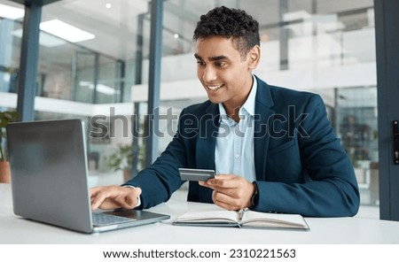 Credit card, businessman and laptop with online banking, payment and ecommerce store. Computer, male professional and smile of a corporate worker with web shopping on an internet retail shop at work