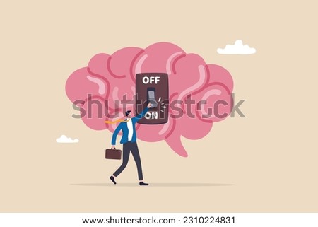 Turn on brain to think, creativity, thought or concentration, smart thinking or emotional intelligence, mindset, wisdom and knowledge concept, smart businessman genius turn on switch on his own brain.