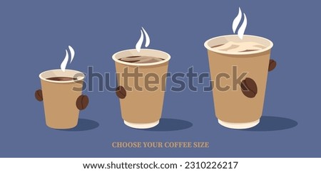 Paper cups with coffee of different sizes. Choose your coffee size. Concept of cafes, hot coffee, coffee beans. 3D