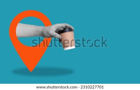 A place for copy, Art collage, the hand with a coffee cup with navigation sign on blue background. Concepts of art, creativity, imagination, poster, and advertising.