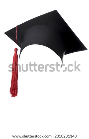 Black graduation cap with red tassel isolated on white background  Royalty-Free Stock Photo #2310231143