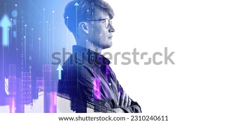 Side view of confident young businessman with double exposure of abstract cityscape and wireframe city interface over white background. Concept of matrix. Copy space