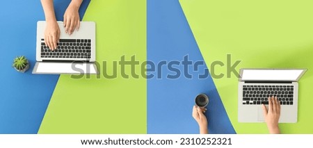 Banner with female hands, modern laptops and cup of coffee on color background, top view
