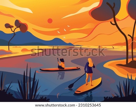 Landscape boat sun river people with yellow sky illustration