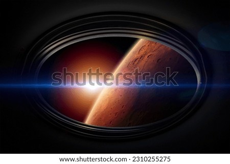 Mars - red planet of solar system in spaceship window porthole. Expedition and colonization of Mars. Science fiction wallpaper. Elements of this image furnished by NASA. Royalty-Free Stock Photo #2310255275