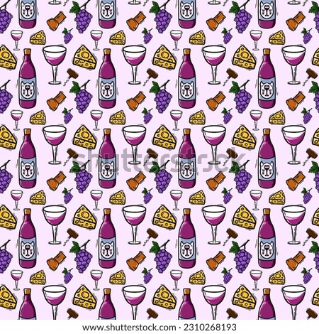 seamless wine pattern background with cheese grapes bottle opener