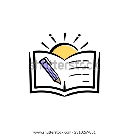 Book pen pencil and sun light sunshine logo concept for education, foundation, children and more. Vector hand drawn illustration
