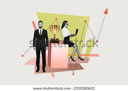 Photo 3d collage artwork of two business partners colleagues teamwork good results graphic get award goblet isolated on grey background