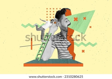 Vertical collage metaphor illustration of funny miniature man scream loudspeaker climb ladder speech fakes isolated on drawn background
