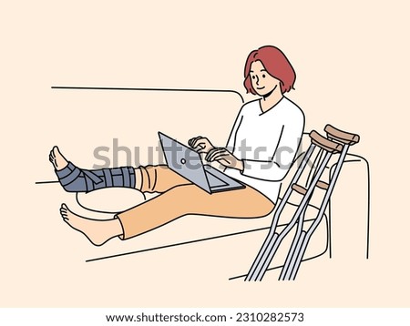 Woman sit on sofa at home with broken leg working on computer. Positive female with cast on leg freelance on laptop. Sick leave and remote work. Vector illustration.  Royalty-Free Stock Photo #2310282573
