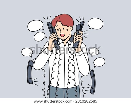 Stressed businessman with numerous headsets overwhelmed with phone calls in office. Exhausted male employee with telephones at workplace struggle with overwork. Vector illustration.  Royalty-Free Stock Photo #2310282585