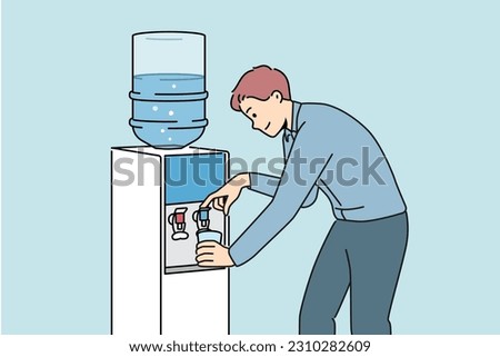Smiling man get water in cooler in office. Male pour clean still aqua from dispenser at workplace. Vector illustration.  Royalty-Free Stock Photo #2310282609