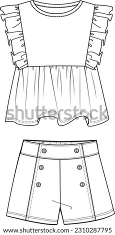 Girl ruffle blouse and short flat skecth, button detail short technical drawing	 Royalty-Free Stock Photo #2310287795