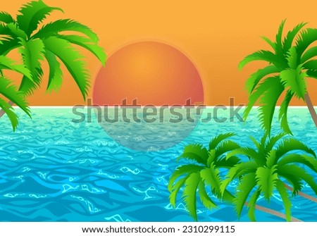 Summer holiday landscape with the blue sea and the sea surface with waves at sunset with orange sun and green palm trees on the edges