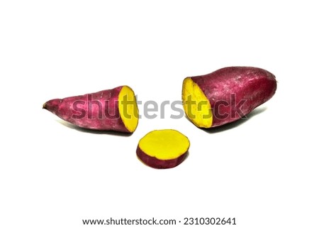 Sweet potato. Japanese. Sliced ​​thinly in half. Revealing the meat inside.  Yellow. Placed isolated on white background