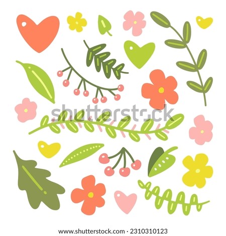 A collection of cute natural elements. Cartoon hand-drawn flowers, hearts, berries and leaves. Vector illustration for T-shirt print, poster, invitation, postcard, nursery decor