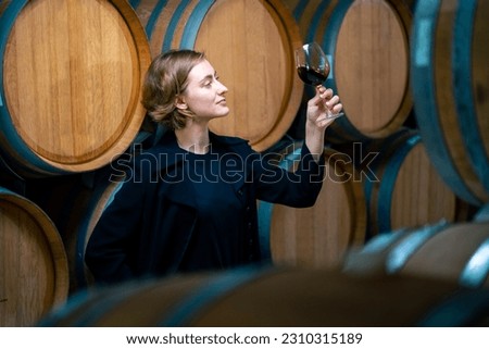 Professional woman sommelier testing red wine in wine glass with tasting and smelling at wine cellar with wooden barrel in wine factory. Winery liquor manufacturing industry and winemaker concept. Royalty-Free Stock Photo #2310315189
