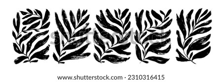 Matisse inspired contemporary plant shapes. Brush drawn branches with long leaves and curved stems. Modern trendy Matisse minimal style. Hand drawn abstract vector palm leaf in rectangle shapes.