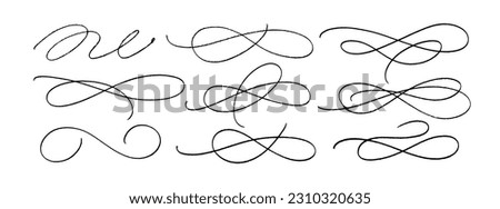 Hand drawn collection of curly swishes, swashes and swoops. Vector thin underline text tails. Hand drawn calligraphy pen curved lines and curls. Scribbles and squiggles for typography emphasis.