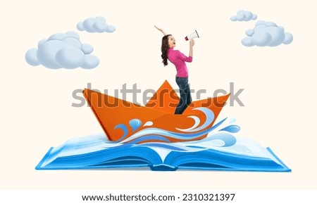 Creative collage of  woman swimming on boat