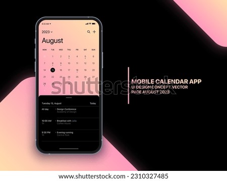Mobile App Calendar August 2023 Page with To Do List and Tasks Vector UI UX Design Concept on Isolated Photo Realistic Smart Phone Screen Mockup. Smartphone Business Planner Application Template