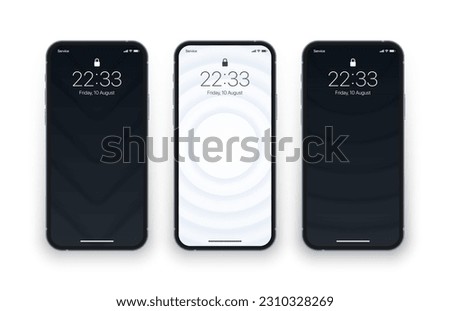 Different Black And White 3D Neumorphic Layered Structure Wallpapers Set On Photorealistic Mobile Phone Screen Mock Up Isolated On White. Set Of Vertical Futuristic Abstract Backgrounds For Smartphone