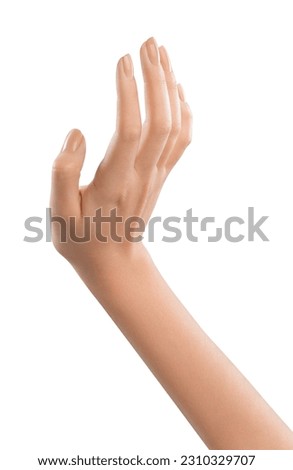 Woman's hand holding a blank space, concept for product or service promotion. Hand exchanging an object, symbolizing exchange or trade. Commerce or business promotion concept.