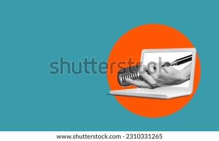 Collage art, human hand hold the microphone in the laptop