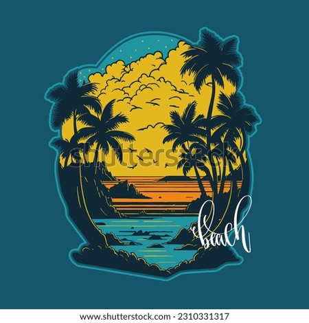 Beach summer sunset with palm trees, vector illustration