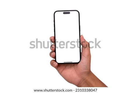 Hand holding the black smart phone 14 pro max with blank screen and modern frameless design in two rotated perspective positions - isolated on white background - Clipping Path