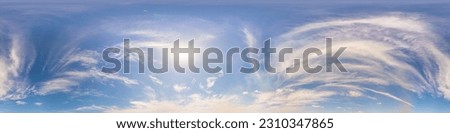 Blue summer sky panorama with light Cirrus clouds. HDR 360 seamless spherical panorama. Full zenith or sky dome for 3D visualization, sky replacement for aerial drone panoramas.