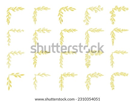 Gold corner border floral, flower frame set. Hand drawn rustic sketch doodle golden corner boarder for floral frame design element, flourish fancy pattern. Vector illustration