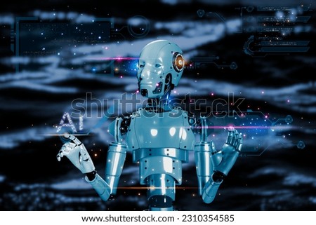 artificial intelligence collected processing commands to find the best answer to communicate with humans. 3D robotic working with element futuristic digital icon background