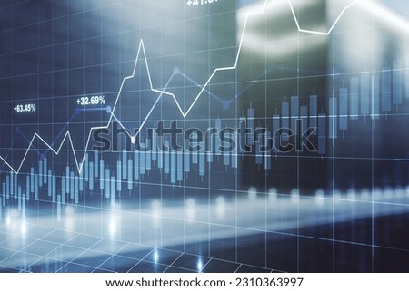 Multi exposure of abstract virtual financial graph hologram on blurry modern office building background, forex and investment concept